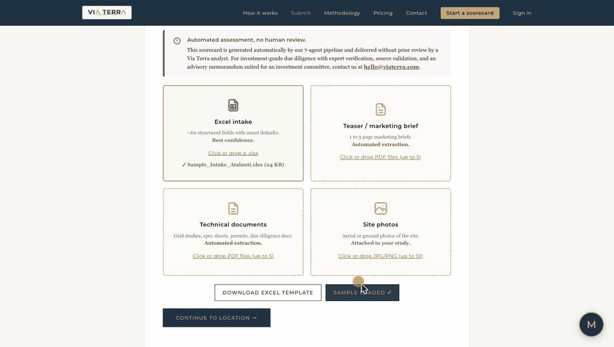 Animated demo of the submission wizard: loading sample data, pinning the site on the map and choosing a tier
